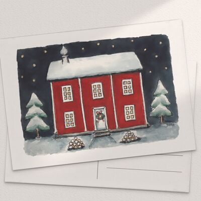 Maison rouge et lanternes à neige - A6 plié
