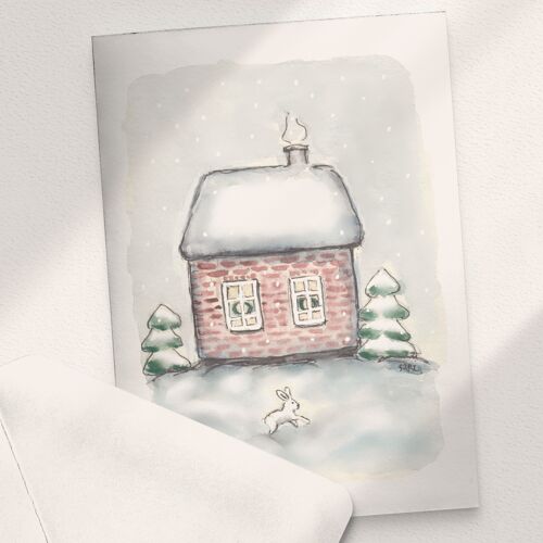 Christmas House and a Bunny - A6 Folded
