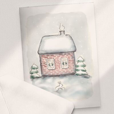 Casa di Natale e un coniglietto - A6 piegato