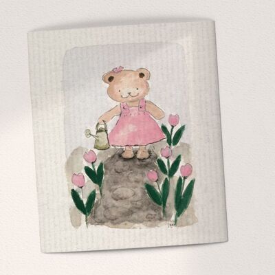Teddybär und rosa Tulpen
