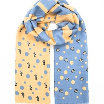 Suave y acogedora bufanda de algodón para mujer con estampado azul marino en azul y beige.