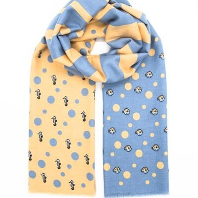 Cuddly soft cotton scarf for women with a navy pattern in blue and beige