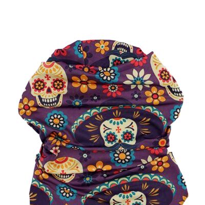 Bandana made of recycled polyester with multicolored skull pattern