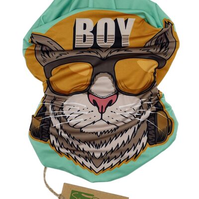 Bandana realizzata in poliestere riciclato con motivo gatto in verde