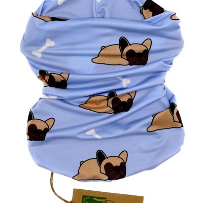 Bandana made of recycled polyester with a French bulldog pattern in blue