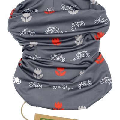 Bandana made of recycled polyester with a motorcycle pattern in gray