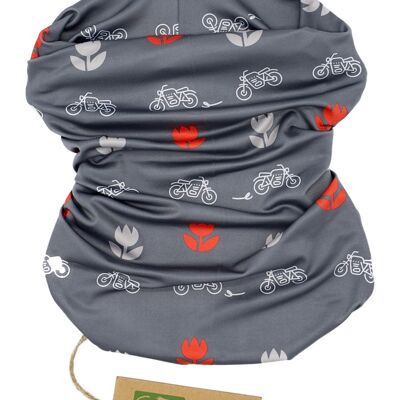 Bandana made of recycled polyester with a motorcycle pattern in gray