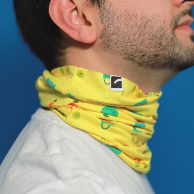 Bandana made of recycled polyester with a cyclist pattern in yellow