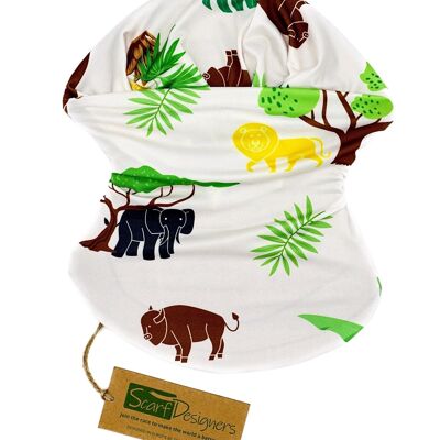 Bandana made of recycled polyester with an animal pattern in white