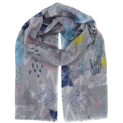 Light cotton scarf for women with a floral pattern in gray