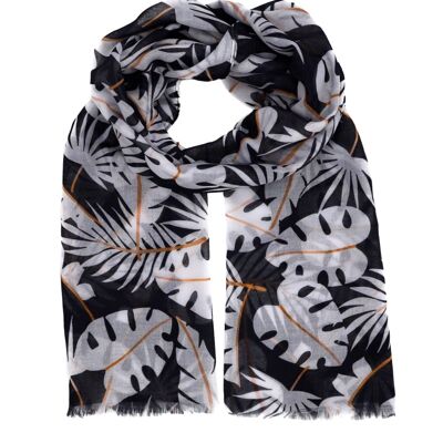 Light cotton scarf for women with a palm tree pattern in black