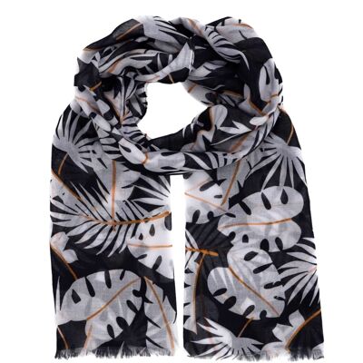 Light cotton scarf for women with a palm tree pattern in black