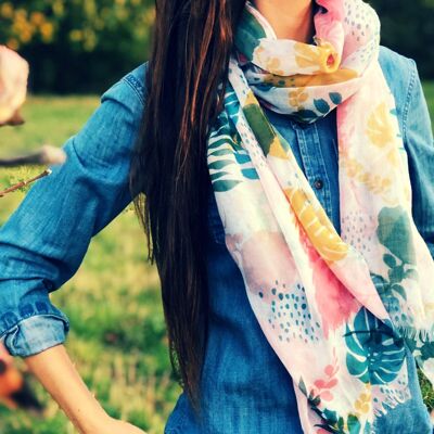 Lightweight cotton scarf for women with a floral pattern in pastel colors