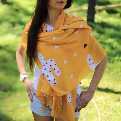 Soft XL viscose pareo for women with cactus pattern in yellow
