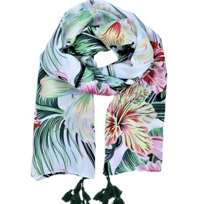 Soft XL viscose pareo for women with a multicolored tropical pattern