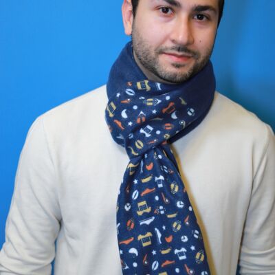 Cuddly soft cotton scarf for men with a sports pattern in dark blue