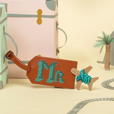 Stitch Your Initials Luggage tag Kit - Brown leather