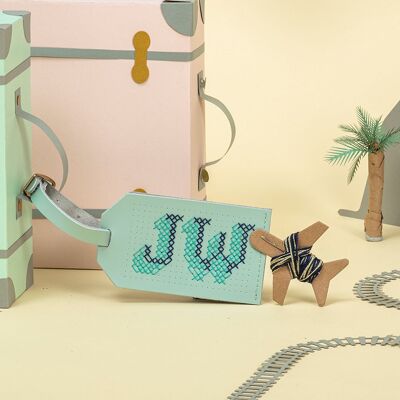 Stitch Your Initials Luggage Tag Kit - Mint leather