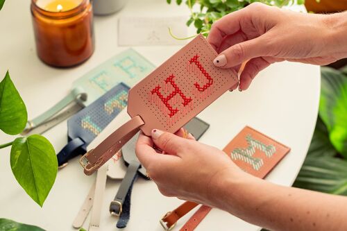 Stitch Your Initials Luggage tag Kit - Pink leather