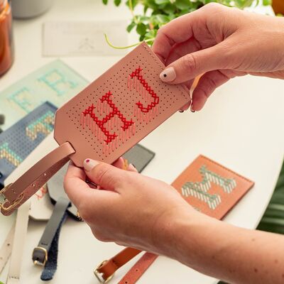 Stitch Your Initials Luggage tag Kit - Pink leather