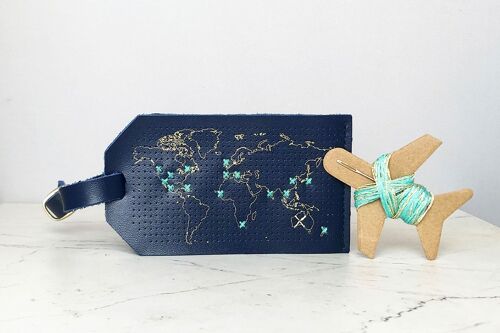 Stitch Your Travels Map Luggage Tag Kit - Navy Leather