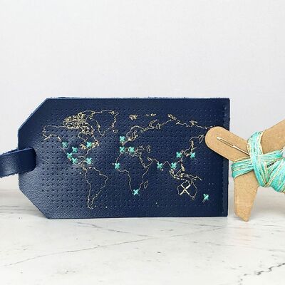 Stitch Your Travels Map Gepäckanhänger-Set – Marineblaues Leder