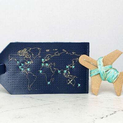 Kit d'étiquettes à bagages Stitch Your Travels Map - Cuir bleu marine