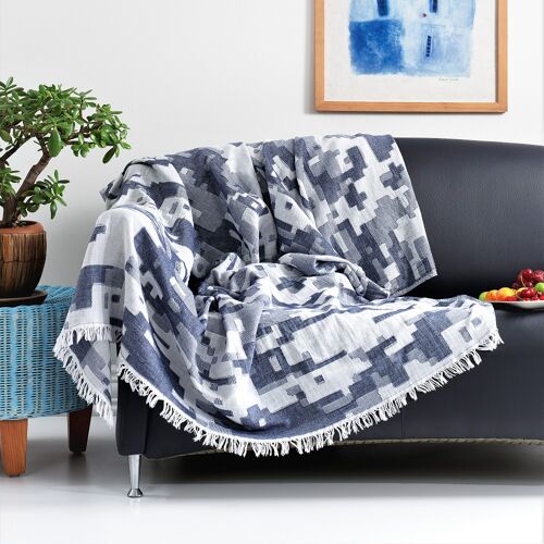 Terrain Cotton Jacquard Throw/Blanket, Navy on White