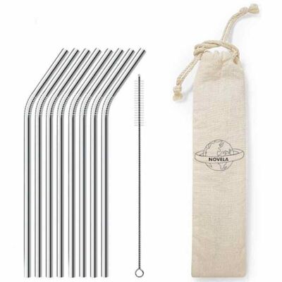 Silver curved stainless steel straws set of 8 with free pouch and bottle brush