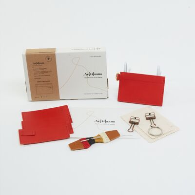 Simple Cardholder-Leather DIY Kit, Personally Crafted-Experience in a Box, Unique Gift - Red