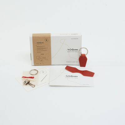 Keyring - Premium Leather DIY Kit, Experience in a box, Unique Gift - Red