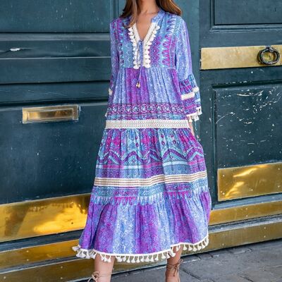 Long bohemian print dress with pompoms and lace