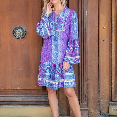 Bohemian-print tunic dress with bells-adorned cord