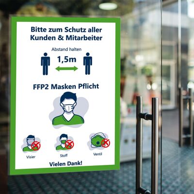 Aufkleber Bitte Abstand halten & FFP2 Masken Pflicht Hinweis grün