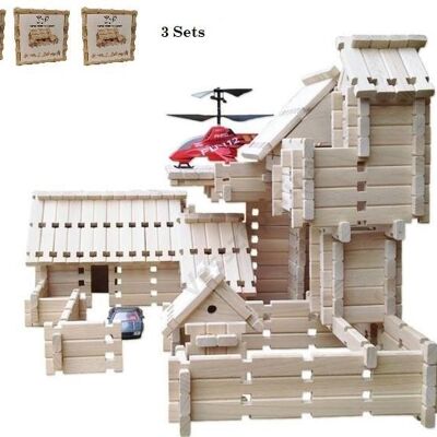 Kit de juguete de madera LOGO-BURG, bloques de construcción de madera, bloques de construcción de madera para castillo de caballeros, granja, casa de entramado de madera - 3 - paquetes unitarios - 189,90 €