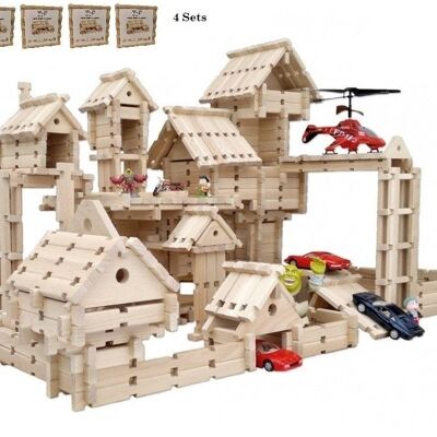 Kit de juguete de madera LOGO-BURG, bloques de construcción de madera, bloques de construcción de madera para castillo de caballeros, granja, casa con entramado de madera - 4 - paquetes unitarios - 249,90 €