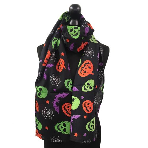 Halloween Theme Lightweight 100% Cotton Scarf With Spooky Scary Skulls, Pumpkins, Bats Pattern