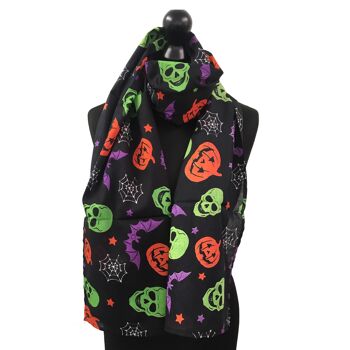 Écharpe 100 % coton léger à thème Halloween avec des crânes effrayants effrayants, des citrouilles, un motif de chauves-souris