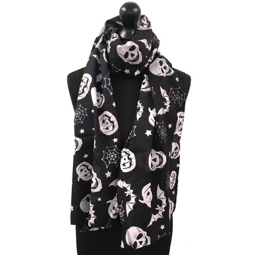 Halloween Theme Lightweight 100% Cotton Scarf With Spooky Scary Skulls, Pumpkins