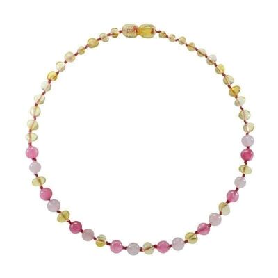 Collier bébé - Ambre et Calcédoine/Quartz rose