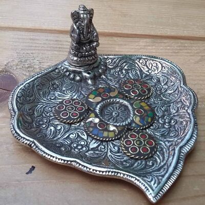 Ornate Metal Incense Holder - Mosaic Leaf With Ganesha