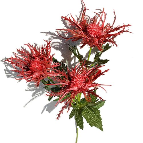 3 Heads Artificial Eryngium Sea Holly Flowers - Red
