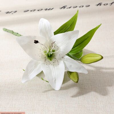 Fleur de simulation haut de gamme PVC Lily Feel 3 Lys 1 Flower 2 Buds - Blanc