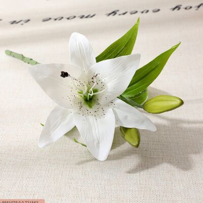 High-end Simulation Flower PVC Lily Feel 3 Lilies 1 Flower 2 Buds - White