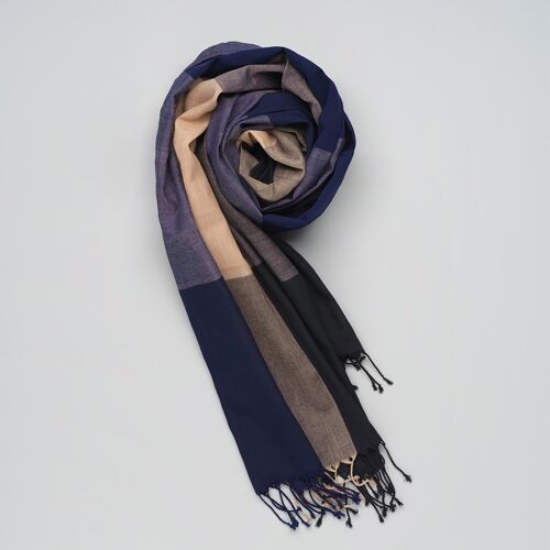 Soft handwoven cotton scarf blue-black-nude block pattern