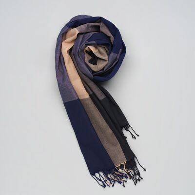 Soft handwoven cotton scarf blue-black-nude block pattern