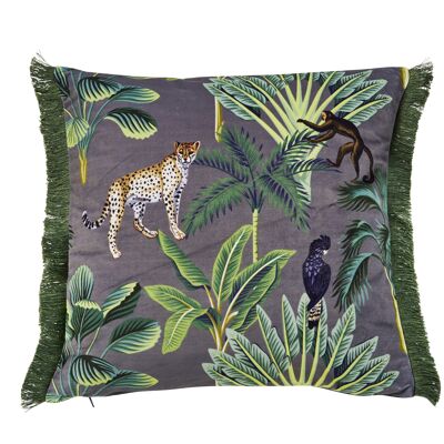 Funda de cojín estampada una cara JUNGLE LIFE con flecos 45x45cm