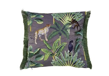 Housse de coussin imprimée recto JUNGLE LIFE à franges 45x45cm 1