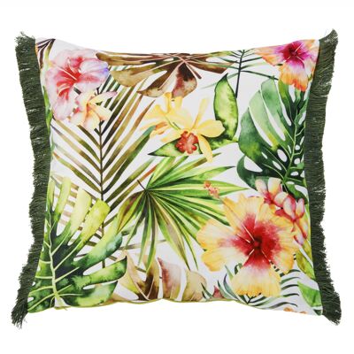 Einseitig bedruckte Kissenhülle JUNGLE FLOWERS mit Fransen 45x45cm