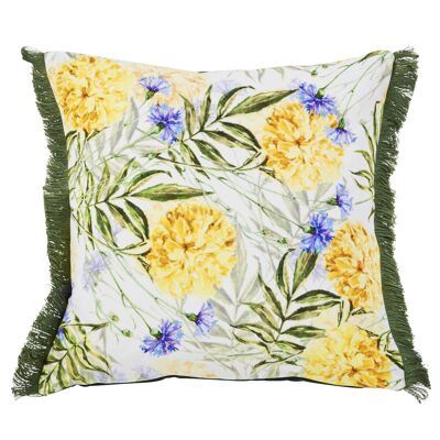 Housse de coussin FLEURS DE MAS imprimée d'un côté avec des franges 45x45cm